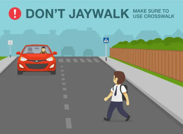 Vector illustration of Pedestrian safety and car driving rules. Schoolboy crossing the road directly in front of a red car. Don't jaywalk, make sure to use crosswalk.