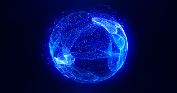 Abstract blue energy sphere of particles and waves of magical glowing on a dark background.