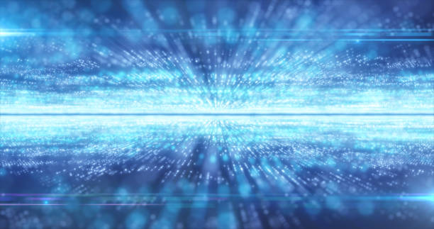 des lignes abstraites de haute technologie d’énergie bleue et des particules numériques volent dans un tunnel avec un arrière-plan lumineux à effet bokeh - photon photos et images de collection