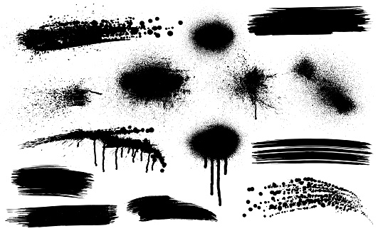 Black grunge spray paint marks and textured brush stoke patterns vector banner illustrations on white background