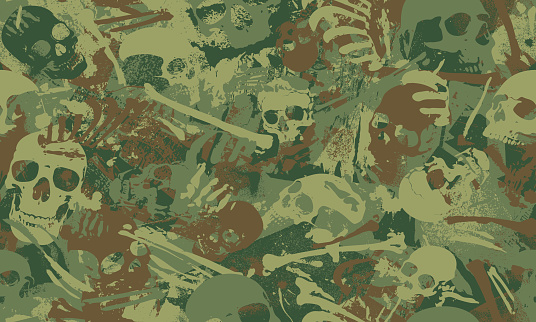 Seamless khaki green camouflaged skulls and bones patterns wallpaper vector background illustration