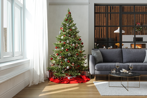 Modern Living Room Interior With Christmas Tree, Gift Boxes, Sofa And Dining Room Background