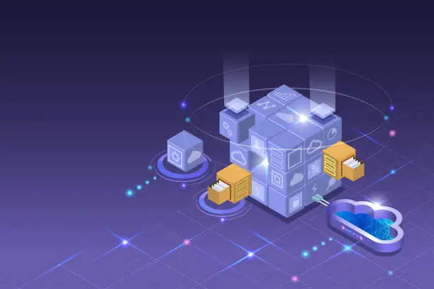 Vector illustration of Block chain technology connecting digital cube to big data and cloud computing visualization, online exchange and transfer security business information in futuristic background. 3D isometric vector.