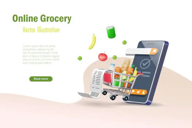 Vector illustration of Online grocery and delivery. Grocery products and bill receipt in shopping trolley cart on smartphone app. Foods and drink, E-commerce, internet mobile application, wireless technology. 3D vector.