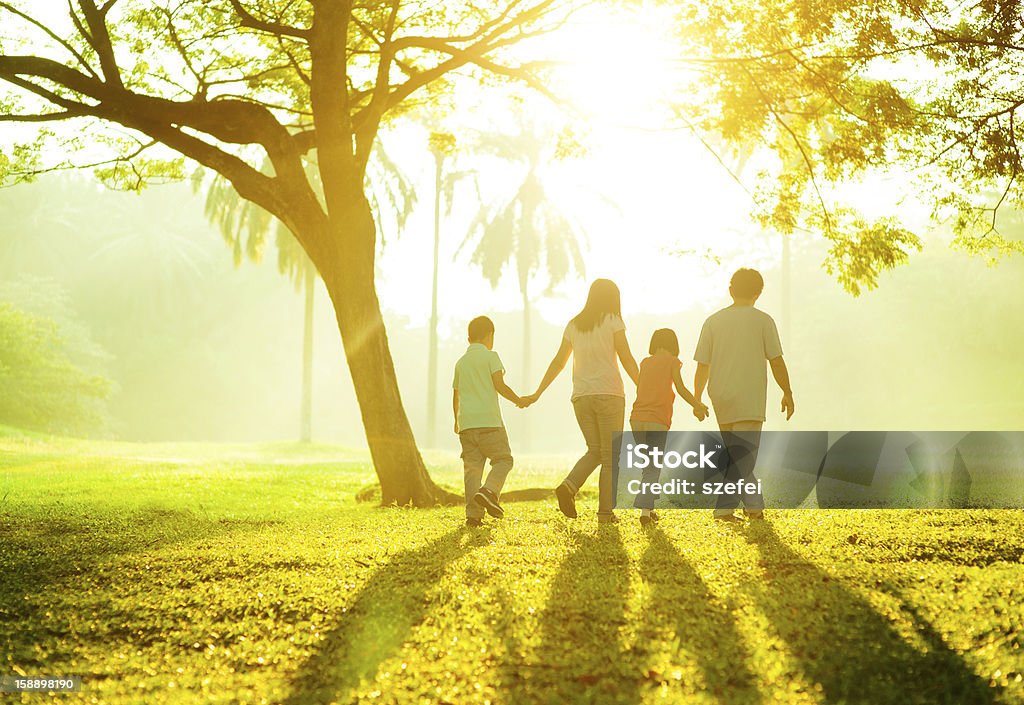 Asian family Happy Asian family holding hands walking over green lawn Chinese Culture Stock Photo