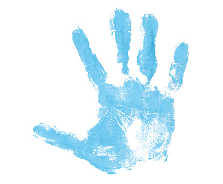 Huella de mano azul claro aislada sobre fondo blanco palma humana y dedos photo