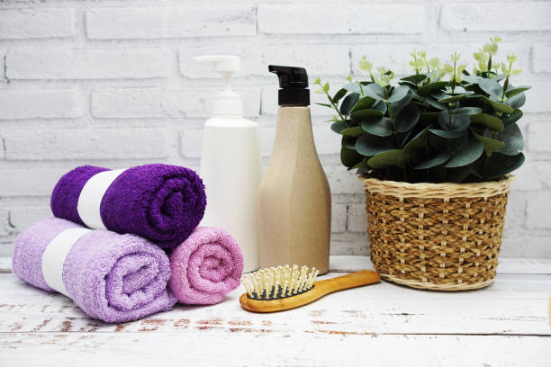istock Clean towels, Shampoo, Liquid Soap with Other Toiletry and interior accessories with copy space 1589031196