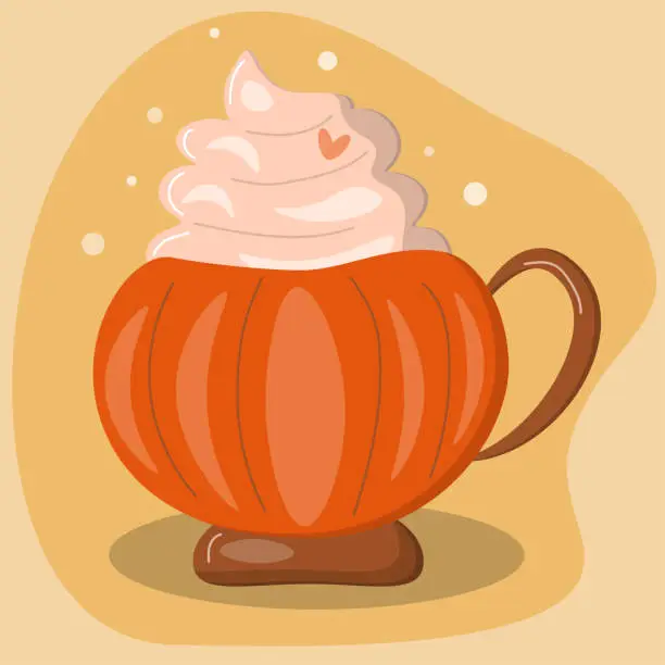 Vector illustration of Latte coffee in a mug in the shape of a pumpkin, autumn mood, autumn drink, whipped cream, orange.