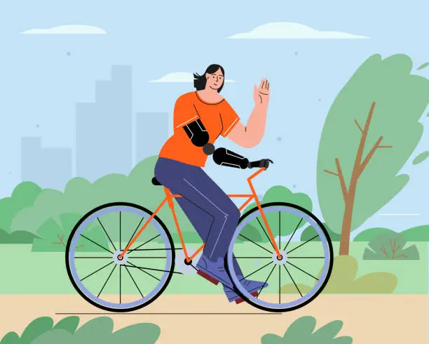 Vector illustration of World disabled day. International Day of Persons with Disabilities. A happy woman with prosthetic hands leads an active lifestyle, riding a bike in the park. for web, infographics, mobile. . Vector