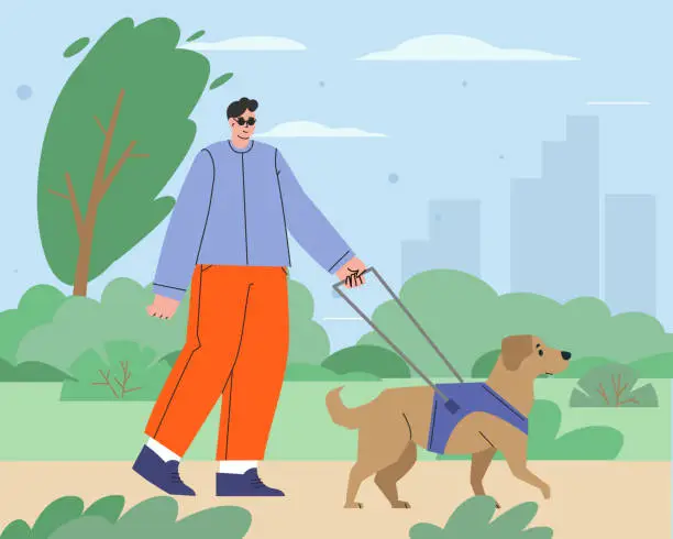 Vector illustration of Man with a guide dog walkingin the park. Person who is visually impaired or blind person with seeing-eye labrador. Isolated flat vector illustrationWorld Disability Day. People with Disabilities