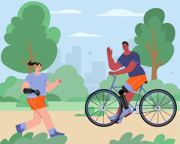 Vector illustration of World disabled day. International Day of Persons with Disabilities. A woman with a prosthetic is running, a man with a prosthetic is cycling in the park. Flat character Vector illustration. Vector