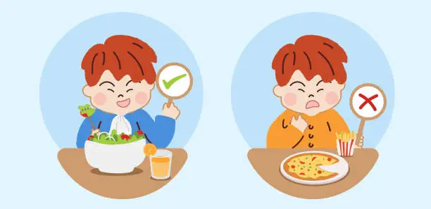 Vector illustration of Kids eating Healthy vs unhealthy food. choice between good and bad nutrition.