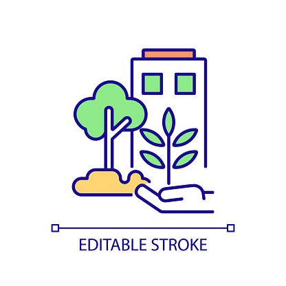 Editable biophilic design icon representing sustainable office, isolated vector, thin line illustration.