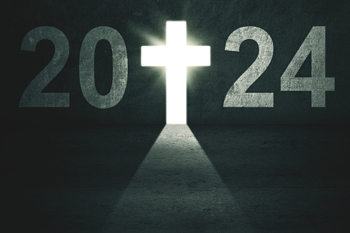 Image of a bright door shaped a cross symbol and 2024 new year numbers