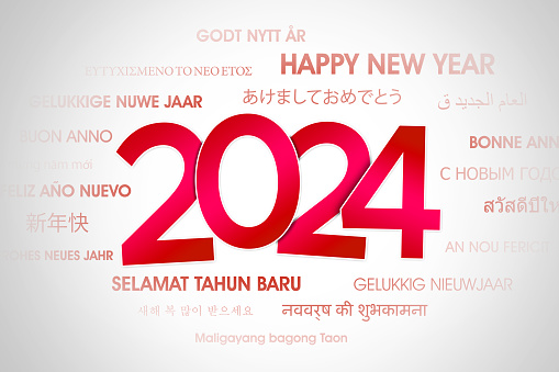 Image of happy new year greetings for the year of 2024 in different languages