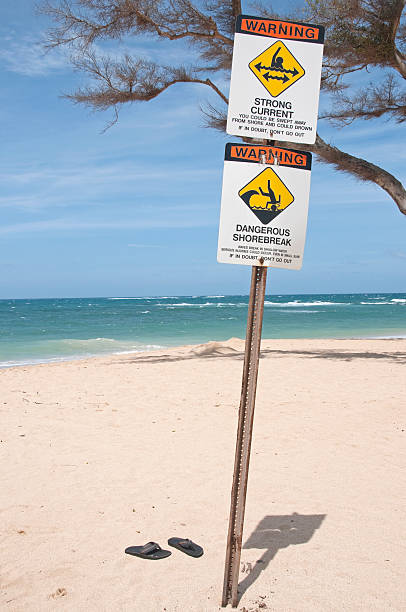 istock Signs on beach warning of strong current and shorebreak 158908703