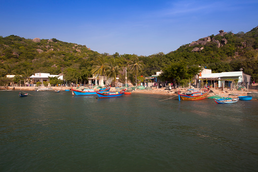 Coastline, colorful fishing boats at Sao Bien, Ninh Thuan, Vietnam, Asia