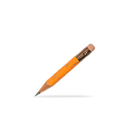 Side view of old short yellow pencil with rubber end against white background.