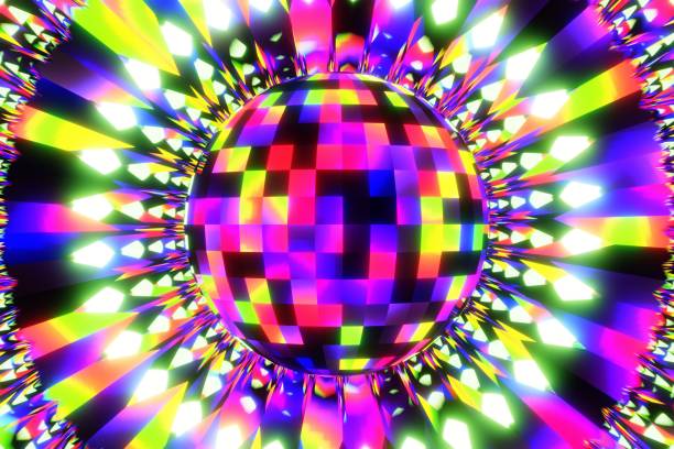 istock Colored disco ball abstract background. Disco ball with bright rays, night party background 3d render 1589092256