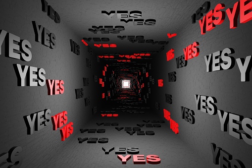 Yes symbol or yeah marks tunnel on black background 3d render. Say agree or like pattern. Positive approved views.