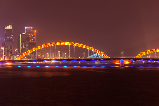 Dragon Bridge, Dragon Bridge, Cáu Ráng by night, across the Han River, Danang, Da Nang, Central Vietnam, Vietnam, Asia