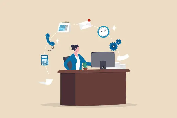 Vector illustration of Administration or assistant occupation, secretary or accountant professional, receptionist work with answer telephone, schedule calendar or coordination, businesswoman admin working at office desk.