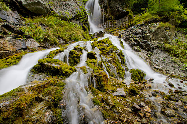 Waterfall in forest with rocks stock photo