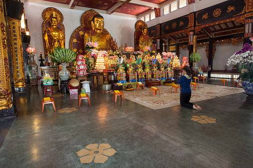 Buddhist statue with altar in the Chua Vinh Pagoda, Ho Chi Minh City, Saigon, Vietnam, Southeast Asia, Asia