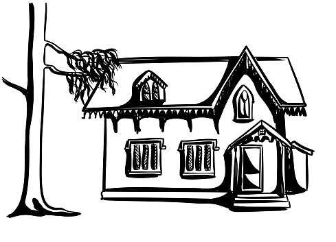 Heritage house and large pine tree in the front yard.  Historical building sketch illustration.