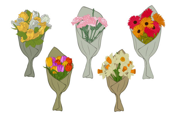 ilustrações de stock, clip art, desenhos animados e ícones de bunches of flat hand drawn flowers in craft paper - bouquet tulip greeting card gerbera daisy