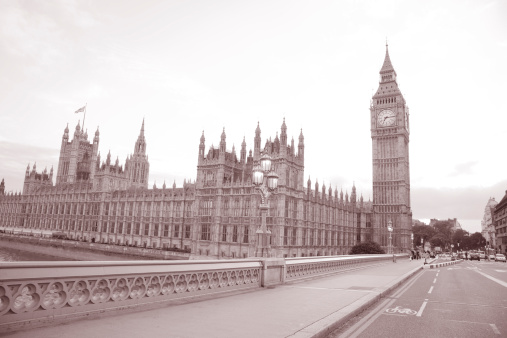 Big Ben and Houses of Parliament; Westminster; London in Black and White Sepia Tone
