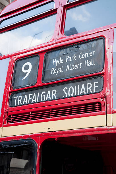 Direction of Number 9 Bus Red London Bus Directions showing Trafalgar Square; Hyde Park Corner; Royal Albert Hall royal albert hall stock pictures, royalty-free photos & images