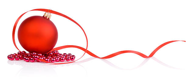 istock One red christmas ball, beads and tape Isolated on white 158912435