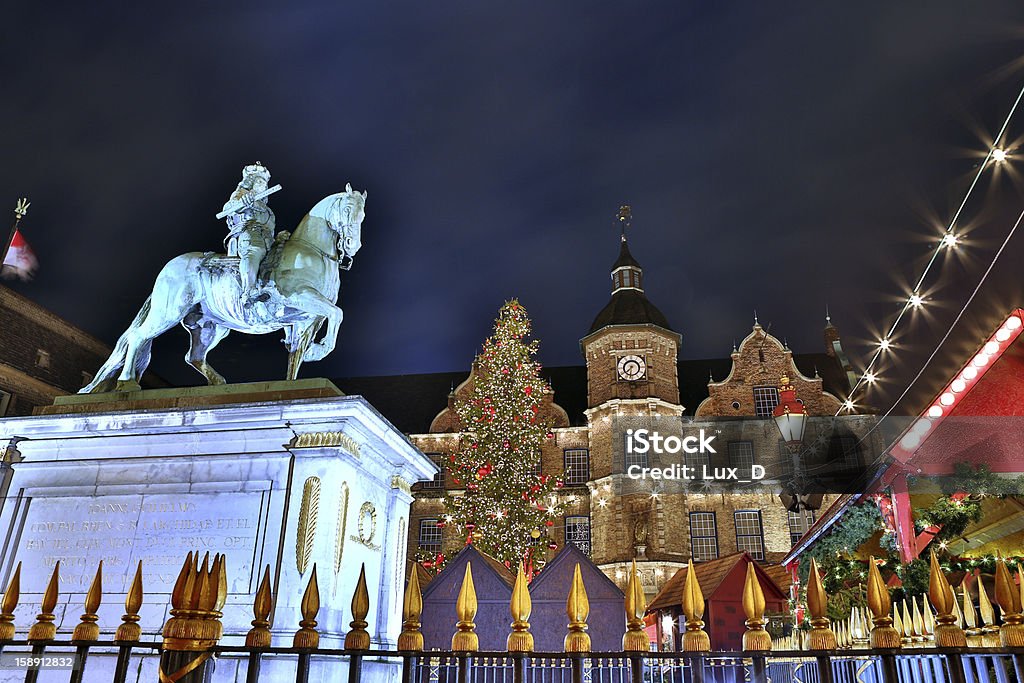 Christmas Market Dusseldorf Germany HDR Jan Wellem statue on the Dusseldorf Christmas Market with a giant Christmas tree and the historic city hall as a backdrop Düsseldorf Stock Photo
