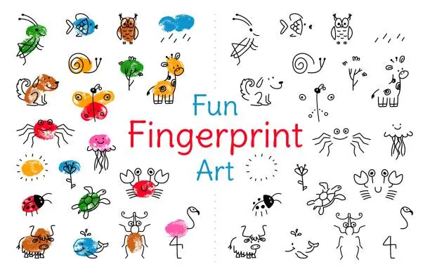 Vector illustration of Fingerprint art paint game for children. Nursery educational printing sheet, school kindergarten drawing activity. Kids prints classy vector template