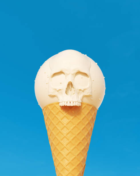 Ice-cream cone vanilla white chocolate skull sphere scoop blue summer sky background Ice-cream cone vanilla white chocolate skull sphere scoop blue summer sky background 3d illustration render digital rendering chocolate white chocolate chocolate chip white stock pictures, royalty-free photos & images