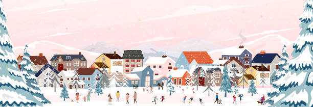 illustrations, cliparts, dessins animés et icônes de paysage d’hiver arrière-plan,nuit de noël en ville,bannière vectorielle mignonne pays des merveilles d’hiver dans la ville,célébration des gens dans le parc le nouvel an,conception de bannière pour joyeux noël,carte du nouvel an 2024 - christmas christmas card greeting card greeting