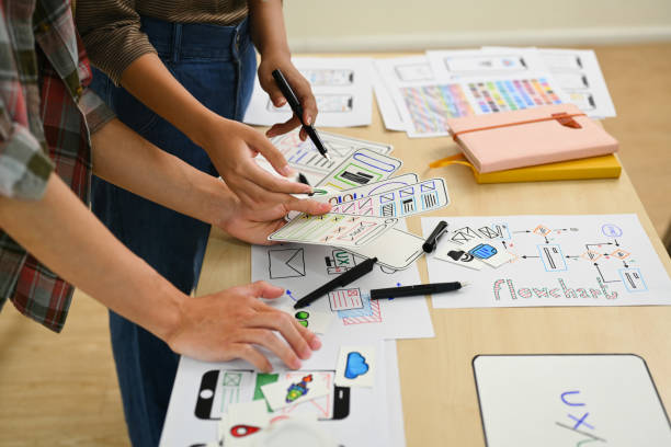 istock Group of young creative people working on new website wireframe, planning application development at office. 1589152218