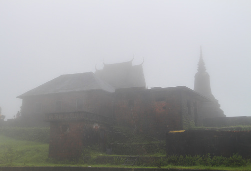 Bokor Plateau and Wat Sampov Pram in the mist