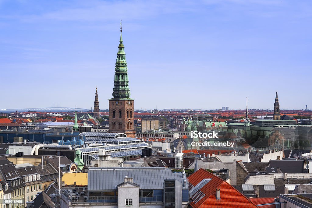 Holmens Kirke - Church of Holmen ( Copenhagen ) On the horizon you can see the Oresund Bridge, the world's longest cable-stayed bridge that connects Copenhagen with Malm Architecture Stock Photo