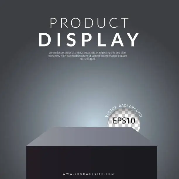 Vector illustration of Grey square stand product podium on grey scene. Vector illustration