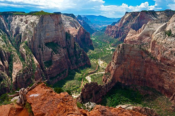 Zion canyon from Observation Point A stunning view of Zion Canyon from Observation Point, from which the famous Angles Landing is also visible. zion river stock pictures, royalty-free photos & images