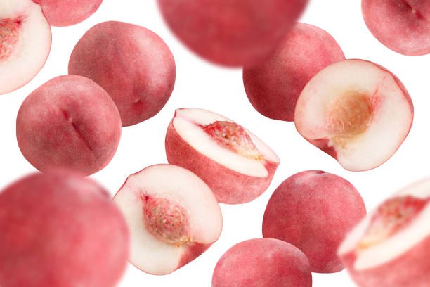 istock Levitation of pink peaches isolated on white background. 1589254726