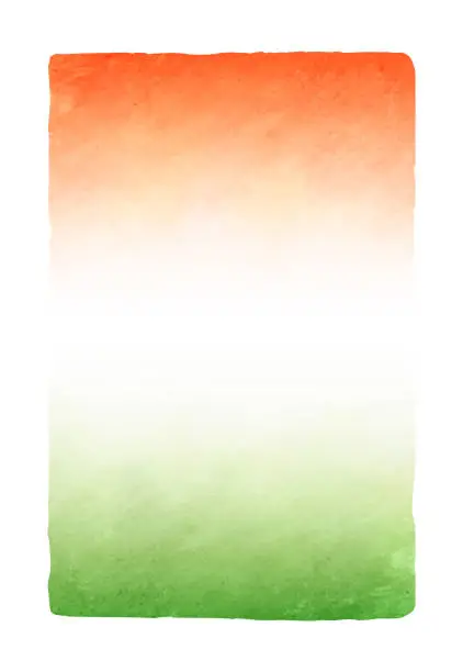 Vector illustration of Tricolor empty blank colorful background - A vertical vector of three colored vertical ombre bands in saffron orange, white and green merging into each other as in flag of India, Ireland, Niger and Côte d'Ivoire (Ivory Coast) with uneven rough edges