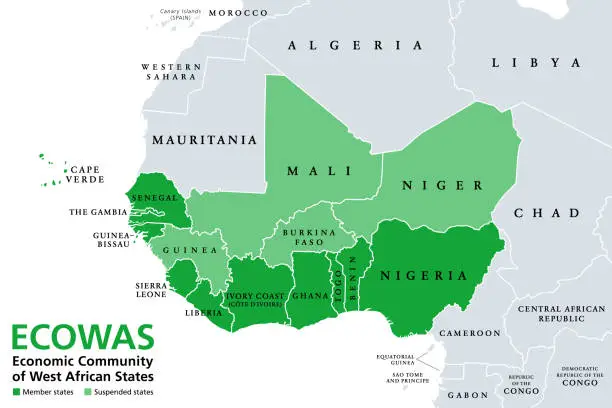 Vector illustration of ECOWAS, Economic Community of West African States, member states, political map