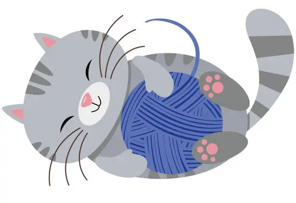 Vector illustration of Cute cat playing with ball of blue wool