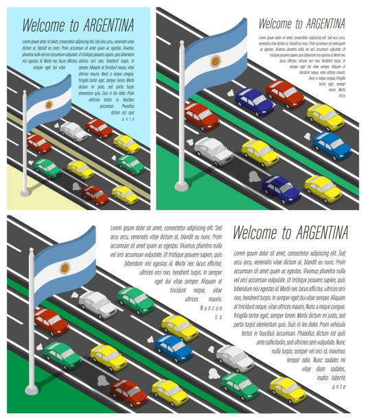 Isometric flag of Argentina on flagpole fluttering wind. Crossing of Argentinian country border by car travels. Set of information horizontal, square and vertical vector banner, templates for printing Isometric flag of Argentina on flagpole fluttering wind. Crossing of Argentinian country border by car travels. Set of information horizontal, square and vertical vector banner, templates for printing victoria argentina stock illustrations