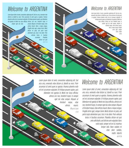 Vector illustration of Isometric flag of Argentina on flagpole fluttering wind. Crossing of Argentinian country border by car travels. Set of information horizontal, square and vertical vector banner, templates for printing