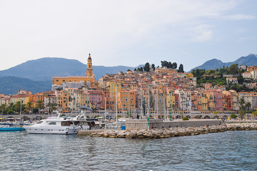Menton, France - September 15 2019: daytime view of the Menton Port and Old Town.