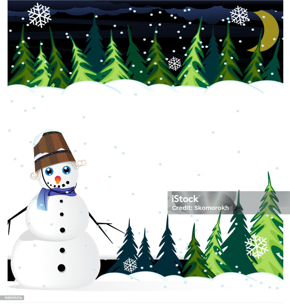 Noc Zima woodland scena z ładny Bałwan śniegowy - Grafika wektorowa royalty-free (Bałwan śniegowy)